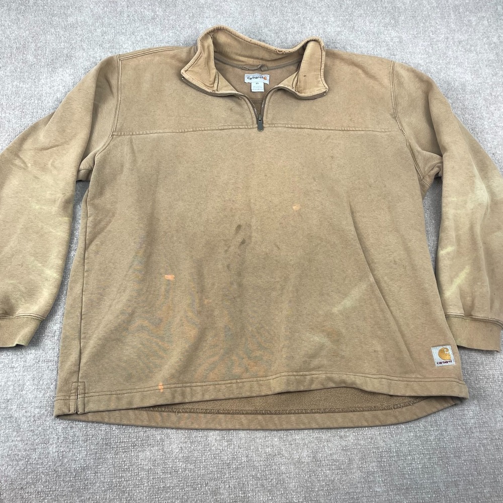 Carhartt Sweatshirt Mens XL Tan Cotton Quarter Zip-Mock Heavyweight Fleece Lined
